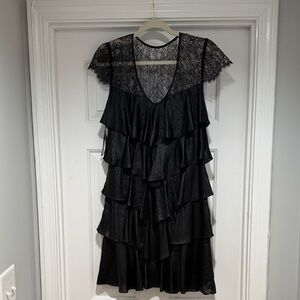 Black vegan leather lace tiered Dress, Small